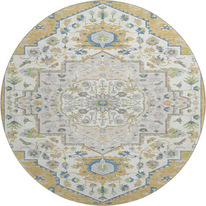 HomeRoots 8' Gold Ivory and Blue Washable Round Rug with UV Protection - Elegant, Durable, and Stain-Resistant! 677762