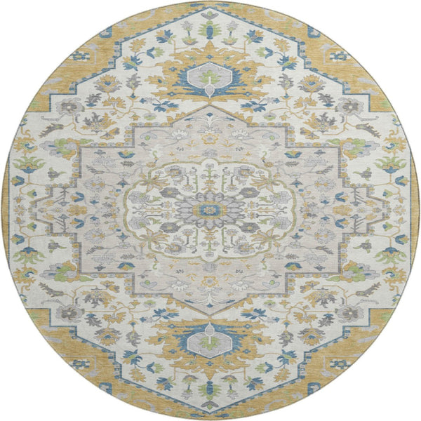 HomeRoots 8' Gold Ivory and Blue Washable Round Rug with UV Protection - Elegant, Durable, and Stain-Resistant! 677762