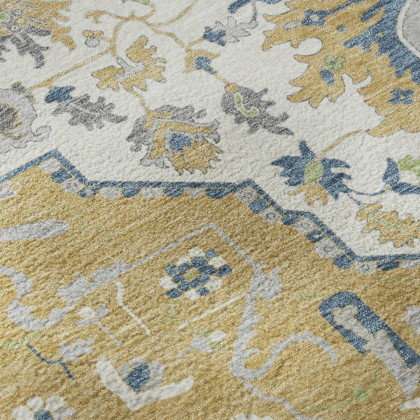 HomeRoots 8' Gold Ivory and Blue Washable Round Rug with UV Protection - Elegant, Durable, and Stain-Resistant! 677762