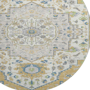 HomeRoots 8' Gold Ivory and Blue Washable Round Rug with UV Protection - Elegant, Durable, and Stain-Resistant! 677762