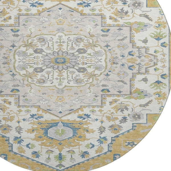 HomeRoots 8' Gold Ivory and Blue Washable Round Rug with UV Protection - Elegant, Durable, and Stain-Resistant! 677762