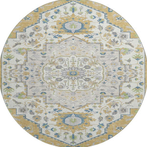 HomeRoots 8' Gold Ivory and Blue Washable Round Rug with UV Protection - Elegant, Durable, and Stain-Resistant! 677762