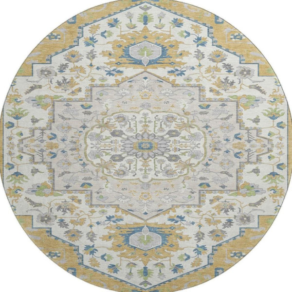 HomeRoots 8' Gold Ivory and Blue Washable Round Rug with UV Protection - Elegant, Durable, and Stain-Resistant! 677762