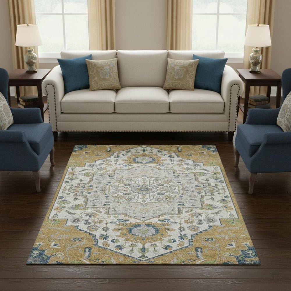 HomeRoots 8' X 10' Gold Ivory Blue Oriental Area Rug - Washable, Stain Resistant, UV Protected for High Traffic Homes 677763