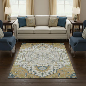 HomeRoots 8' X 10' Gold Ivory Blue Oriental Area Rug - Washable, Stain Resistant, UV Protected for High Traffic Homes 677763