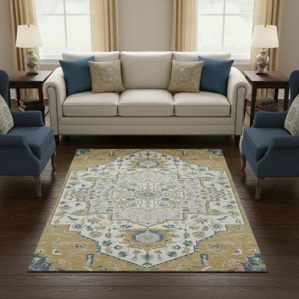 HomeRoots 8' X 10' Gold Ivory Blue Oriental Area Rug - Washable, Stain Resistant, UV Protected for High Traffic Homes 677763