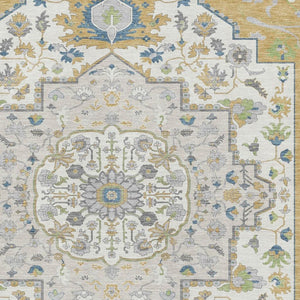 HomeRoots 8' X 10' Gold Ivory Blue Oriental Area Rug - Washable, Stain Resistant, UV Protected for High Traffic Homes 677763