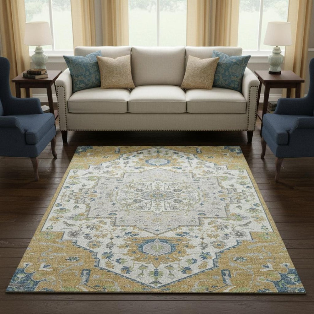 HomeRoots 9' X 12' Gold, Ivory & Blue Washable Oriental Area Rug with UV Protection for Busy Homes & Kids 677764