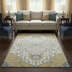 HomeRoots 9' X 12' Gold, Ivory & Blue Washable Oriental Area Rug with UV Protection for Busy Homes & Kids 677764