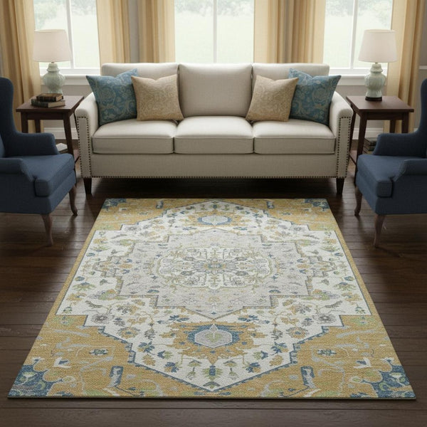 HomeRoots 9' X 12' Gold, Ivory & Blue Washable Oriental Area Rug with UV Protection for Busy Homes & Kids 677764