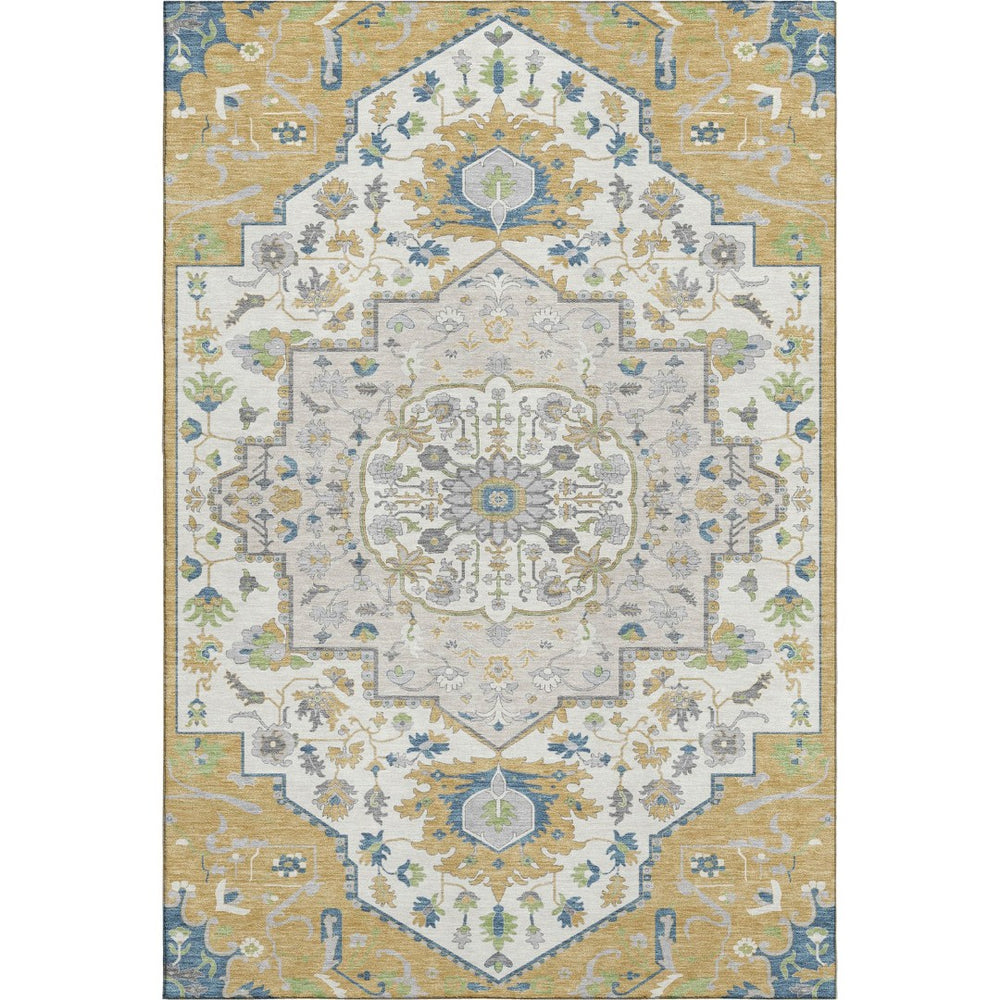 HomeRoots 9' X 12' Gold, Ivory & Blue Washable Oriental Area Rug with UV Protection for Busy Homes & Kids 677764
