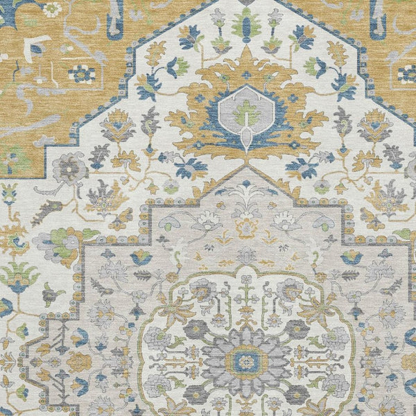 HomeRoots 9' X 12' Gold, Ivory & Blue Washable Oriental Area Rug with UV Protection for Busy Homes & Kids 677764