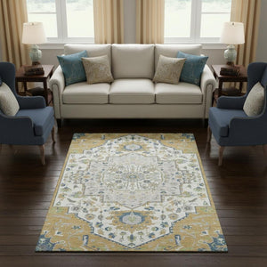 HomeRoots 10' X 14' Gold Ivory & Blue Oriental Area Rug – Durable, Washable, UV-Protected for Active Homes! 677765