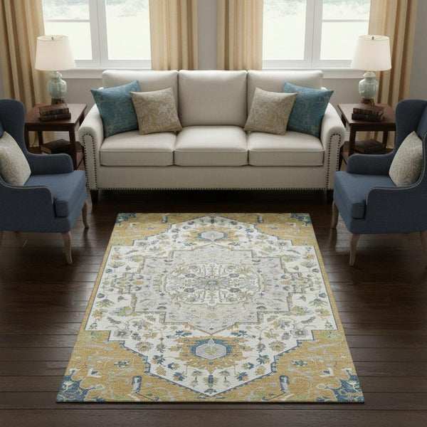 HomeRoots 10' X 14' Gold Ivory & Blue Oriental Area Rug – Durable, Washable, UV-Protected for Active Homes! 677765