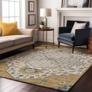 HomeRoots 10' X 14' Gold Ivory & Blue Oriental Area Rug – Durable, Washable, UV-Protected for Active Homes! 677765