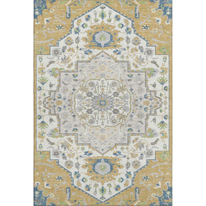 HomeRoots 10' X 14' Gold Ivory & Blue Oriental Area Rug – Durable, Washable, UV-Protected for Active Homes! 677765