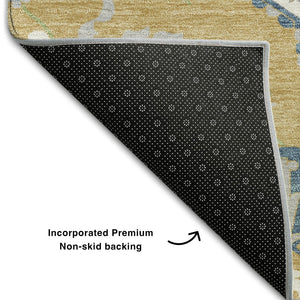 HomeRoots 10' X 14' Gold Ivory & Blue Oriental Area Rug – Durable, Washable, UV-Protected for Active Homes! 677765