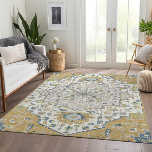 HomeRoots 10' X 14' Gold Ivory & Blue Oriental Area Rug – Durable, Washable, UV-Protected for Active Homes! 677765
