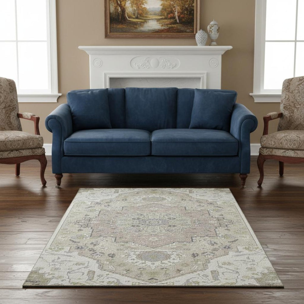HomeRoots 5' X 8' Elegant Ivory Beige Taupe Oriental Washable Area Rug with UV Protection for Modern Homes 677767