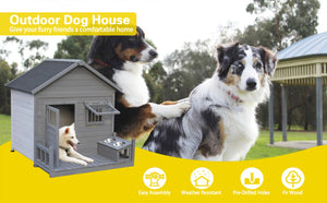 English Elm Large Breed Outdoor Doghouse Solid Fir Wood Covered Porch Weatherproof Asphalt Roof W1431S00010