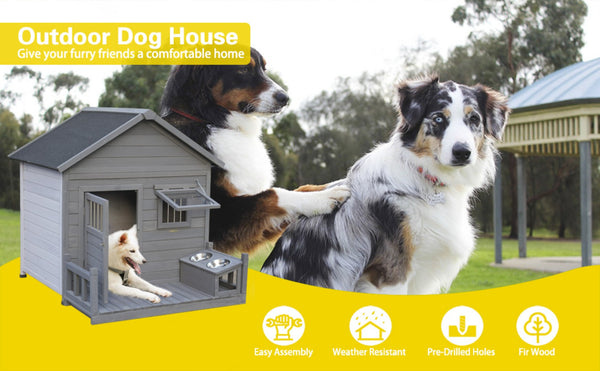 English Elm Large Breed Outdoor Doghouse Solid Fir Wood Covered Porch Weatherproof Asphalt Roof W1431S00010