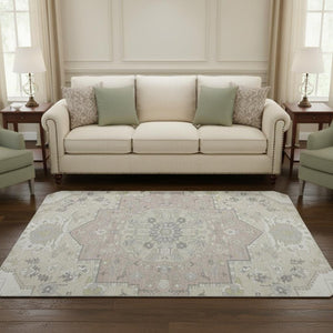 HomeRoots 8' Ivory Beige and Taupe Round Oriental Rug - Soft, Washable, UV-Protected for Homes with Kids & Pets 677768