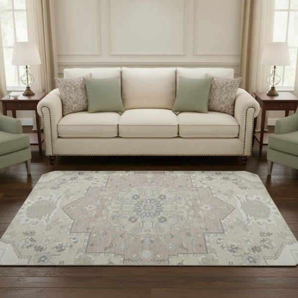 HomeRoots 8' Ivory Beige and Taupe Round Oriental Rug - Soft, Washable, UV-Protected for Homes with Kids & Pets 677768