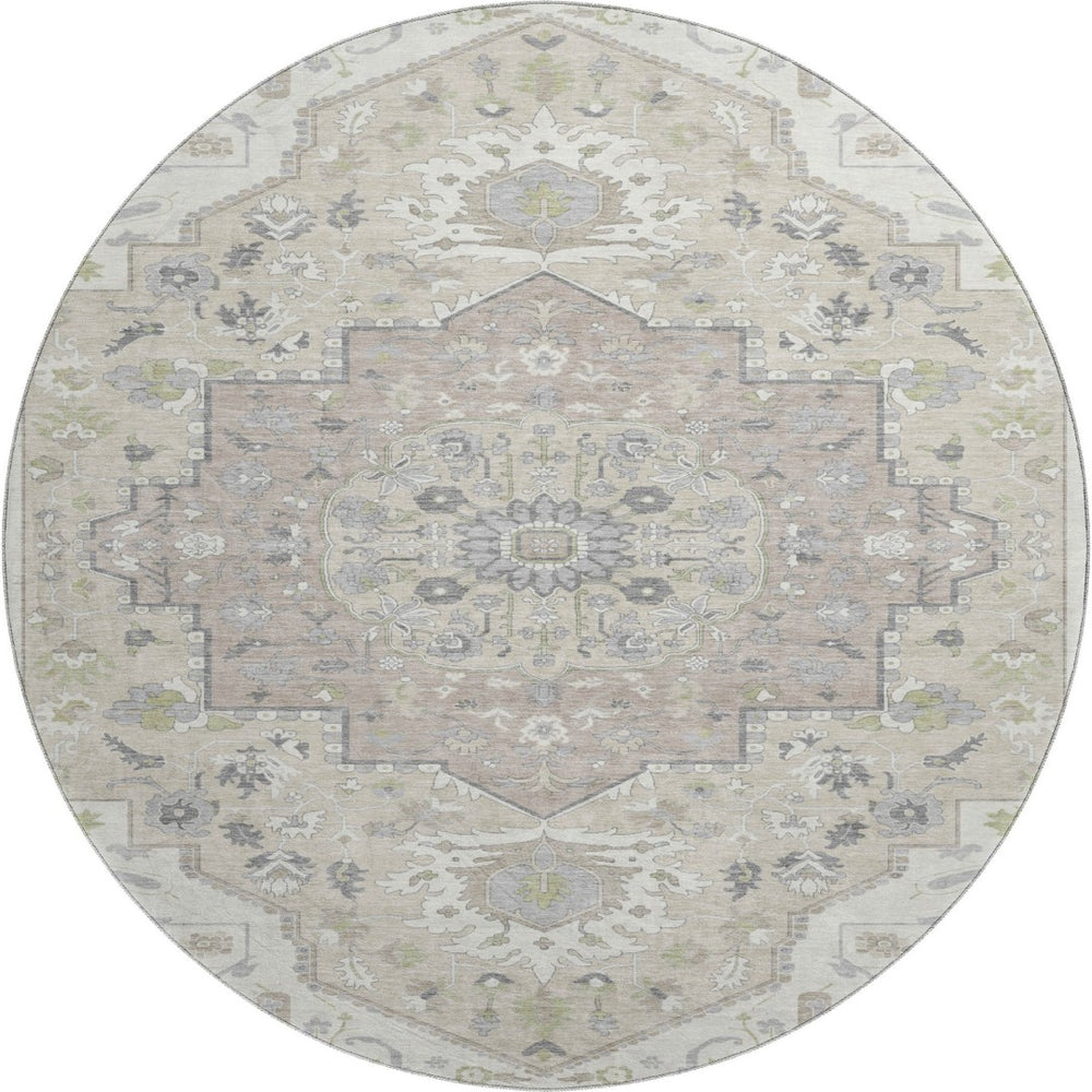 HomeRoots 8' Ivory Beige and Taupe Round Oriental Rug - Soft, Washable, UV-Protected for Homes with Kids & Pets 677768