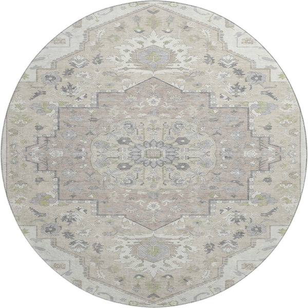 HomeRoots 8' Ivory Beige and Taupe Round Oriental Rug - Soft, Washable, UV-Protected for Homes with Kids & Pets 677768