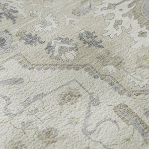 HomeRoots 8' Ivory Beige and Taupe Round Oriental Rug - Soft, Washable, UV-Protected for Homes with Kids & Pets 677768