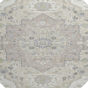 HomeRoots 8' Ivory Beige and Taupe Round Oriental Rug - Soft, Washable, UV-Protected for Homes with Kids & Pets 677768