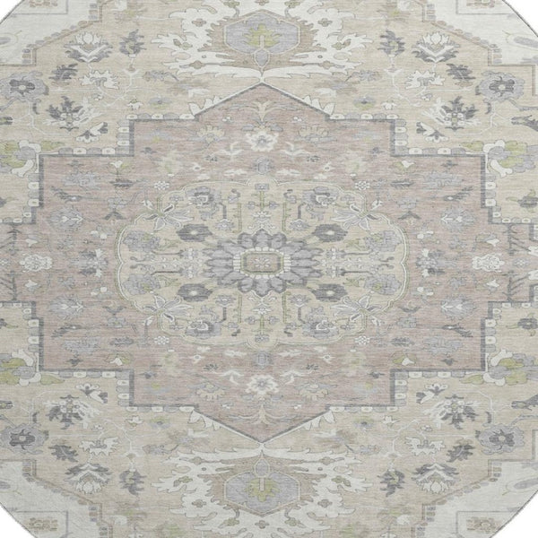 HomeRoots 8' Ivory Beige and Taupe Round Oriental Rug - Soft, Washable, UV-Protected for Homes with Kids & Pets 677768