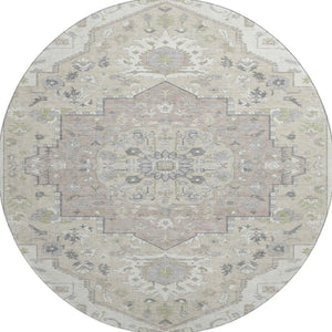 HomeRoots 8' Ivory Beige and Taupe Round Oriental Rug - Soft, Washable, UV-Protected for Homes with Kids & Pets 677768