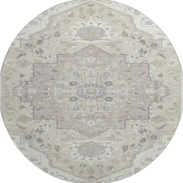 HomeRoots 8' Ivory Beige and Taupe Round Oriental Rug - Soft, Washable, UV-Protected for Homes with Kids & Pets 677768
