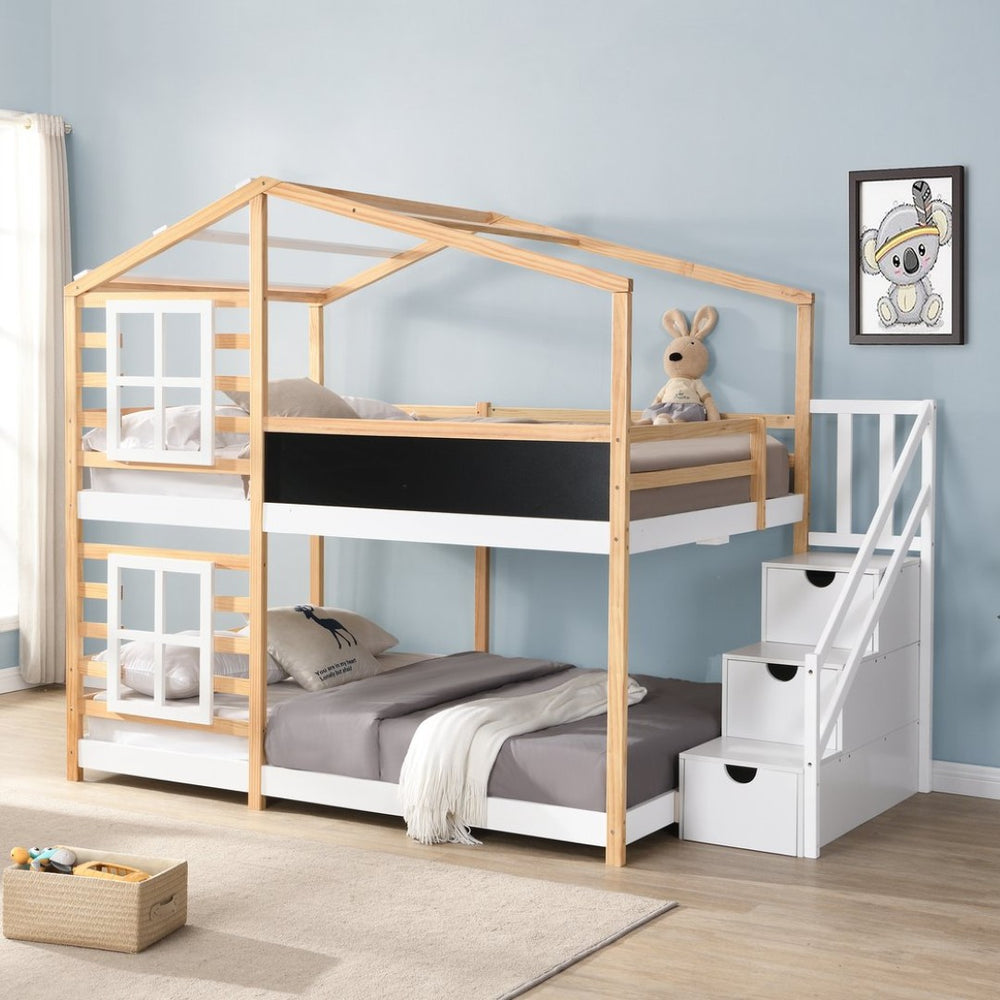 English Elm Twin Over Solid Pine House Bunk Bed with Blackboard Storage Staircase W495S00013