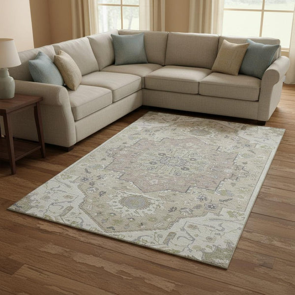 HomeRoots 8' X 10' Washable Ivory Beige Taupe Oriental Area Rug - Durable, Stylish, UV Protected for Homes 677769
