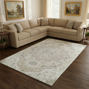 HomeRoots 9' X 12' Elegant Ivory, Beige & Taupe Oriental Washable Area Rug with UV Protection & Durability 677770