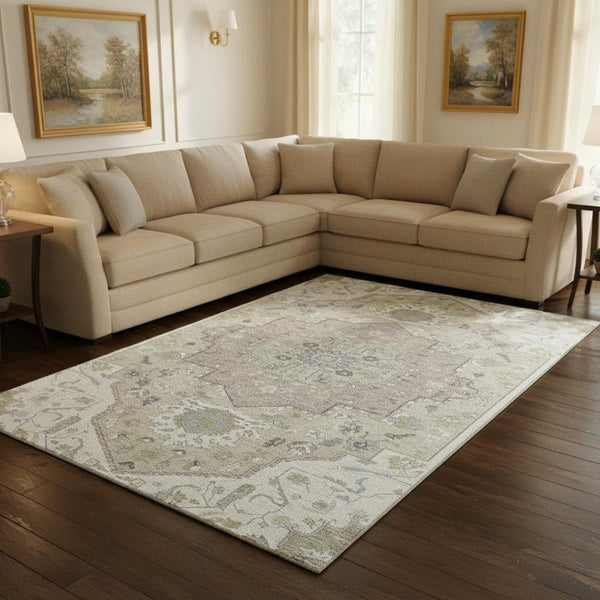 HomeRoots 10' X 14' Ivory Beige Taupe Oriental Area Rug - Washable, UV-Protected, Stain Resistant, Durable Design 677771