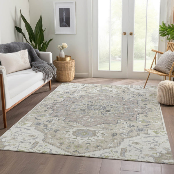 HomeRoots 10' X 14' Ivory Beige Taupe Oriental Area Rug - Washable, UV-Protected, Stain Resistant, Durable Design 677771