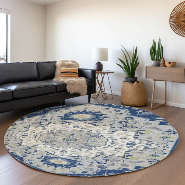 HomeRoots 8' Classic Navy Blue, Ivory & Green Oriental Washable Round Rug with UV Protection & Stain Resistance 677774