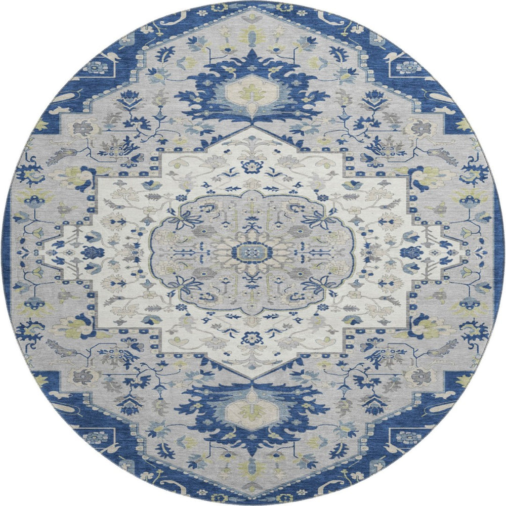 HomeRoots 8' Classic Navy Blue, Ivory & Green Oriental Washable Round Rug with UV Protection & Stain Resistance 677774