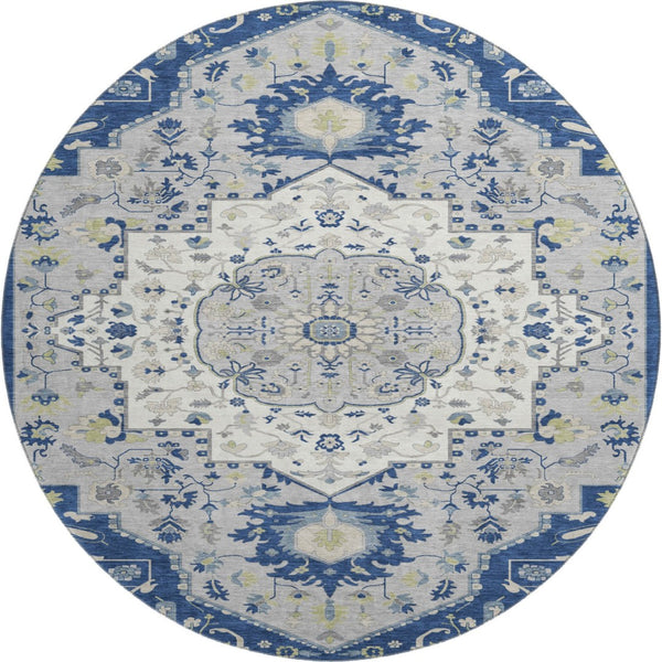 HomeRoots 8' Classic Navy Blue, Ivory & Green Oriental Washable Round Rug with UV Protection & Stain Resistance 677774