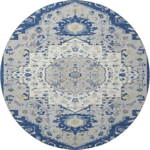 HomeRoots 8' Classic Navy Blue, Ivory & Green Oriental Washable Round Rug with UV Protection & Stain Resistance 677774