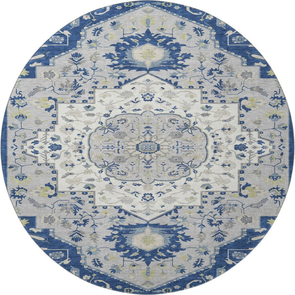 HomeRoots 8' Classic Navy Blue, Ivory & Green Oriental Washable Round Rug with UV Protection & Stain Resistance 677774