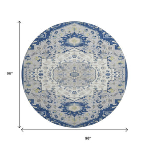 HomeRoots 8' Classic Navy Blue, Ivory & Green Oriental Washable Round Rug with UV Protection & Stain Resistance 677774