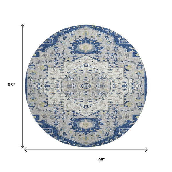 HomeRoots 8' Classic Navy Blue, Ivory & Green Oriental Washable Round Rug with UV Protection & Stain Resistance 677774