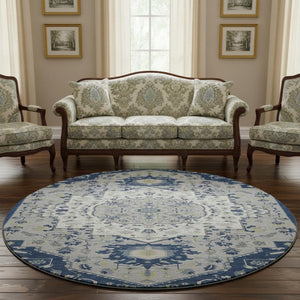 HomeRoots 8' Classic Navy Blue, Ivory & Green Oriental Washable Round Rug with UV Protection & Stain Resistance 677774