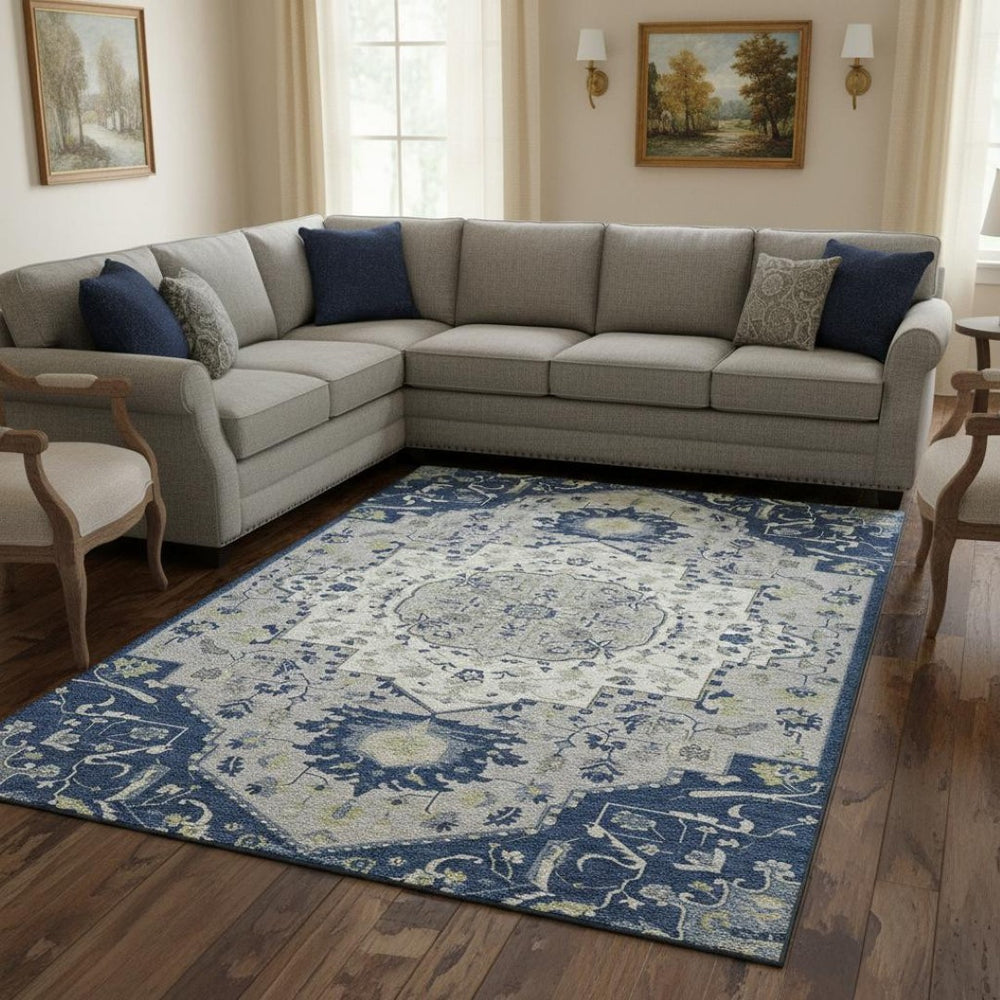 HomeRoots 8' X 10' Elegant Navy Blue, Ivory & Green Oriental Washable Area Rug with UV & Stain Protection 677775