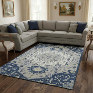 HomeRoots 8' X 10' Elegant Navy Blue, Ivory & Green Oriental Washable Area Rug with UV & Stain Protection 677775
