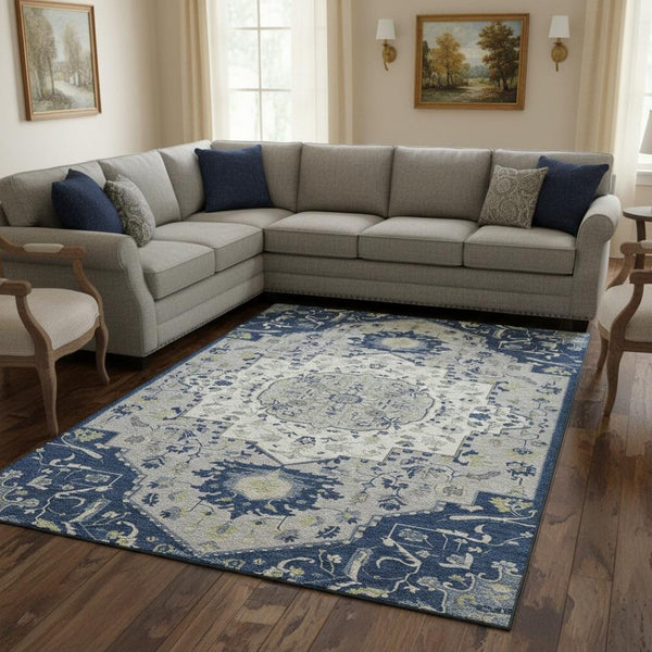 HomeRoots 8' X 10' Elegant Navy Blue, Ivory & Green Oriental Washable Area Rug with UV & Stain Protection 677775